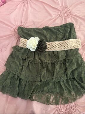 Rue21 Olive Lace Tiered Mini Skirt with Cream Crochet Belt